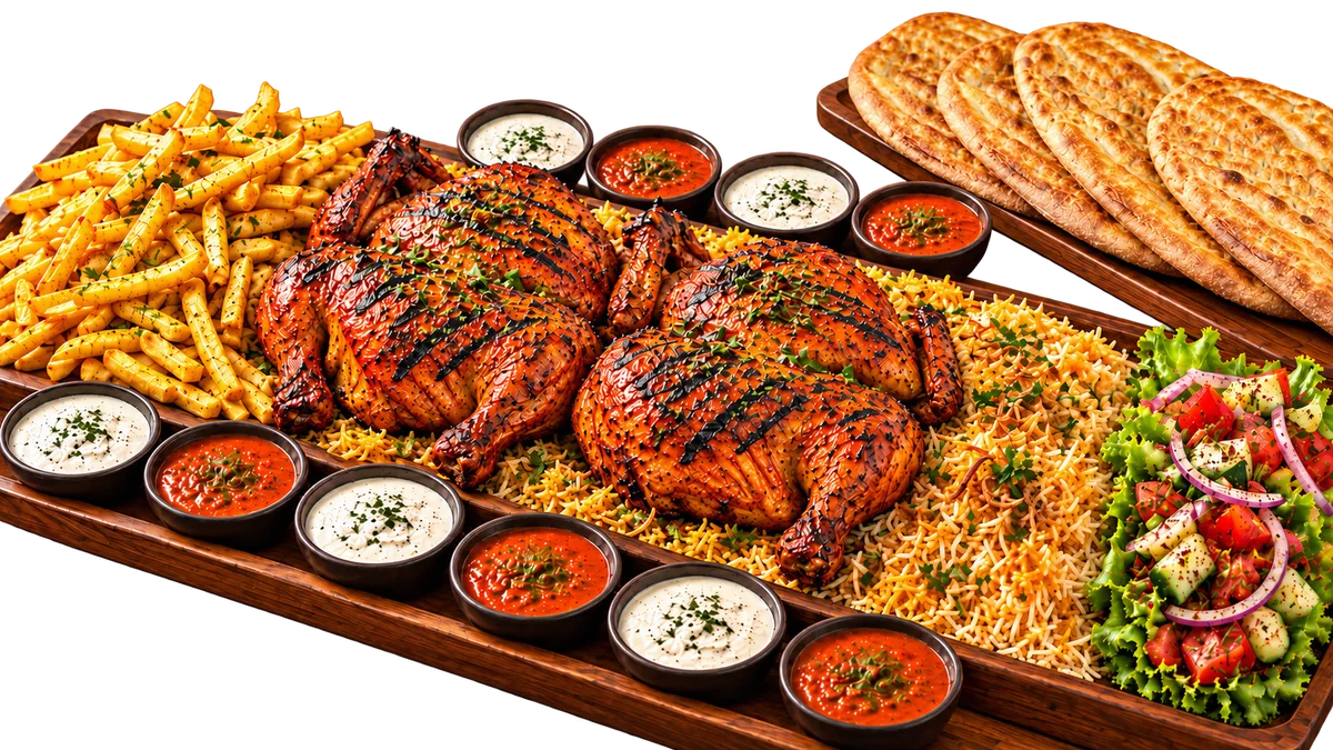 Shinwari family platter with grilled chicken, rice, fries, salad, naan and sauces