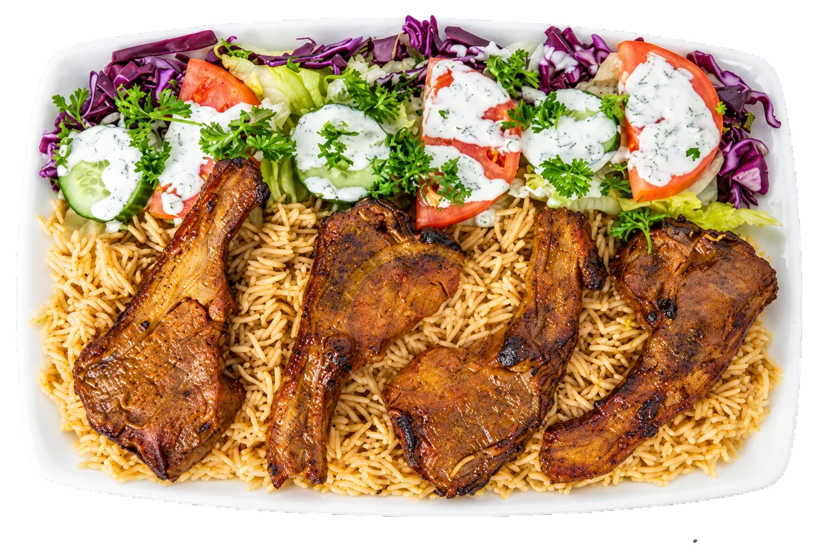 KK Lamb Chops meal with grilled lamb chops, Afghan rice and fresh salad